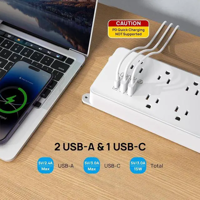 Alt view image 3 of 7 - TROND Power Strip Surge Protector, 7 Widely Spaced Outlets with 2 USB A and 1 USB C, ETL Listed 1700J, Wall Mount, Flat Plug 5ft Extension Cord 14AWG Heavy Duty, for Home, Office Garage, White