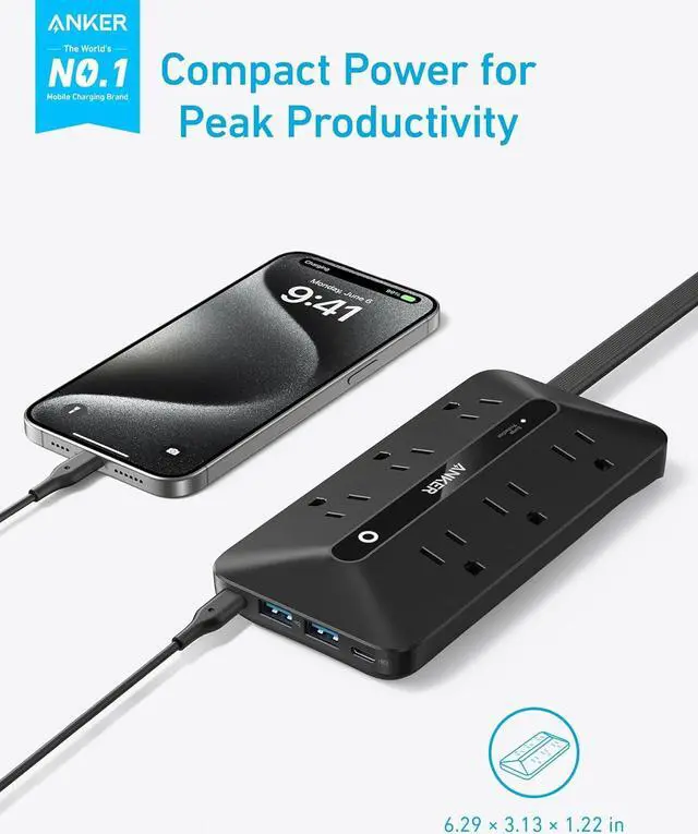Alt view image 2 of 6 - Flat Plug Power Strip 300J with USB Ports 10-in-1 Ultra Thin Power Strip with 6 AC 2 USB-A and 2 USB-C Ports 5feet Extension Cord Desk Charging Station Home Office College Dorm