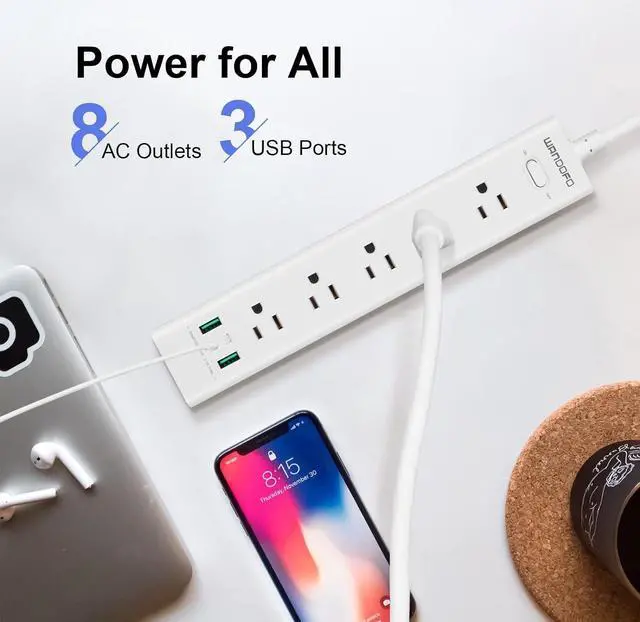 Alt view image 4 of 7 - 2 Prong Power Strip, 5 FT Extension Cord Surge Protector, 5 Outlets and 3 USB, 13A/1625W, Polarized Two Prong to Three Prong Outlet Adapter Converter, Wall Mount, White
