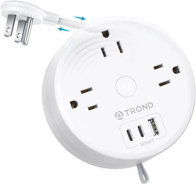 Main image of TROND Travel Power Strip - Retractable Extension Cord 5ft Ultra Thin Flat Plug, Retractable Power Strip with 3 AC Outlets 3 USB Ports (2 USB C), Cruise Ship Essentials, for Home Hotel Dorm Room, White
