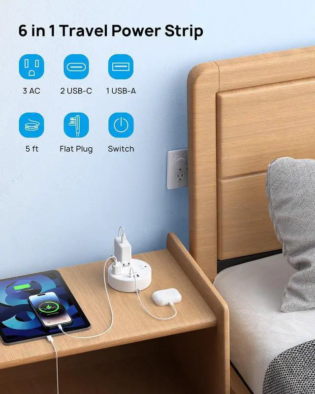 Alt view image 2 of 7 - TROND Travel Power Strip - Retractable Extension Cord 5ft Ultra Thin Flat Plug, Retractable Power Strip with 3 AC Outlets 3 USB Ports (2 USB C), Cruise Ship Essentials, for Home Hotel Dorm Room, White