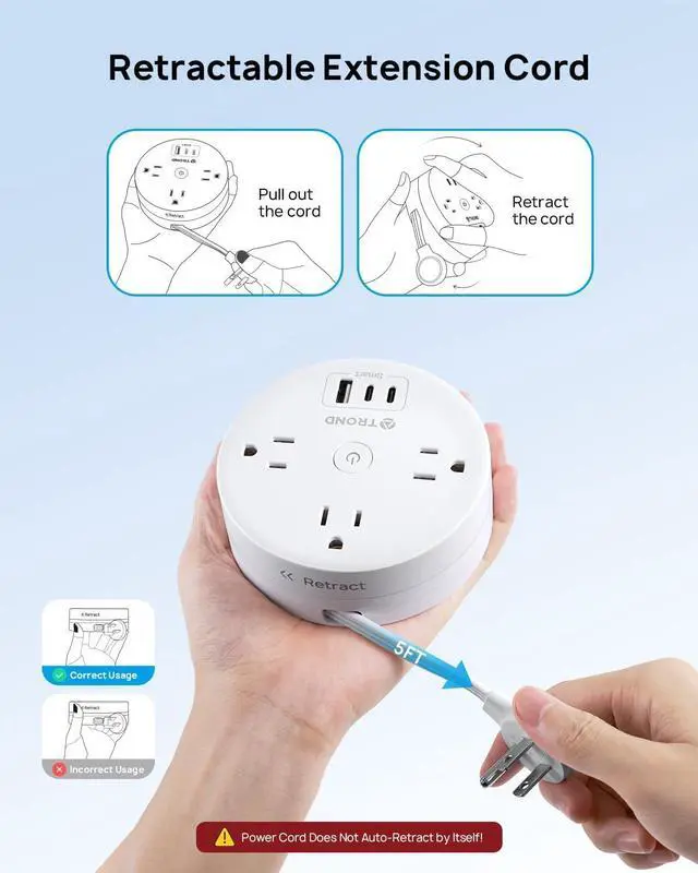 Alt view image 3 of 7 - TROND Travel Power Strip - Retractable Extension Cord 5ft Ultra Thin Flat Plug, Retractable Power Strip with 3 AC Outlets 3 USB Ports (2 USB C), Cruise Ship Essentials, for Home Hotel Dorm Room, White