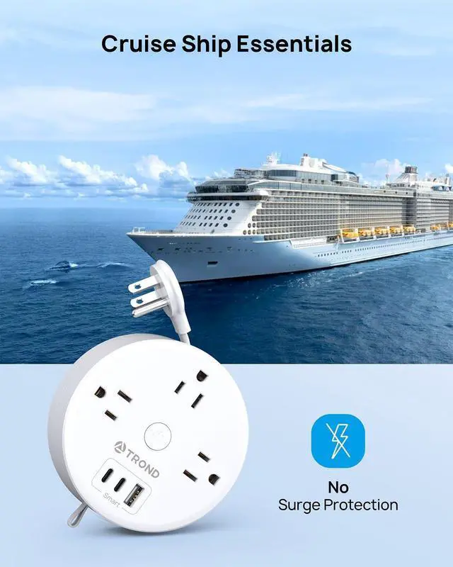 Alt view image 5 of 7 - TROND Travel Power Strip - Retractable Extension Cord 5ft Ultra Thin Flat Plug, Retractable Power Strip with 3 AC Outlets 3 USB Ports (2 USB C), Cruise Ship Essentials, for Home Hotel Dorm Room, White