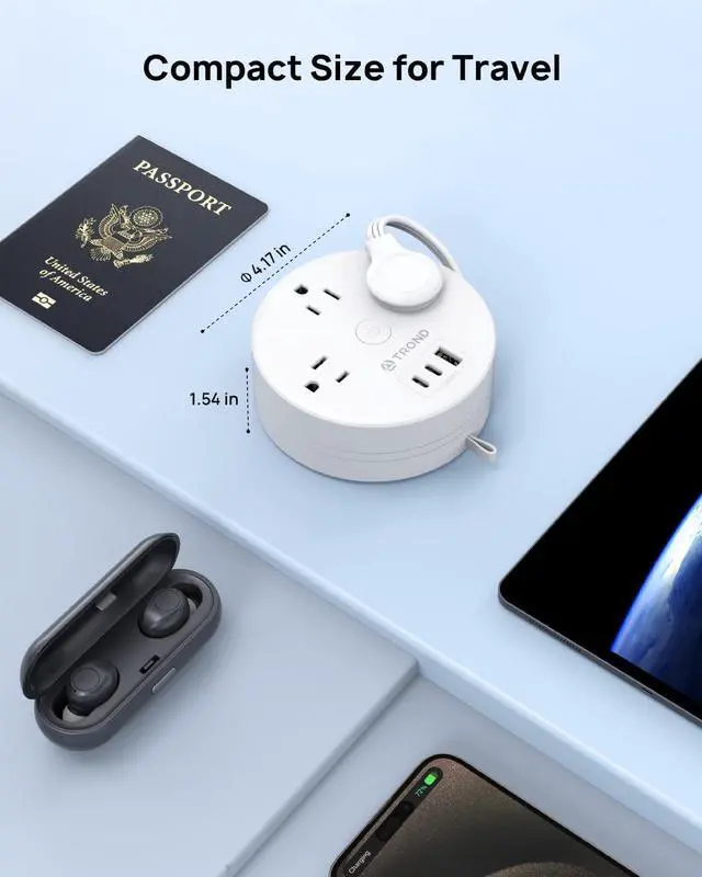 Alt view image 6 of 7 - TROND Travel Power Strip - Retractable Extension Cord 5ft Ultra Thin Flat Plug, Retractable Power Strip with 3 AC Outlets 3 USB Ports (2 USB C), Cruise Ship Essentials, for Home Hotel Dorm Room, White