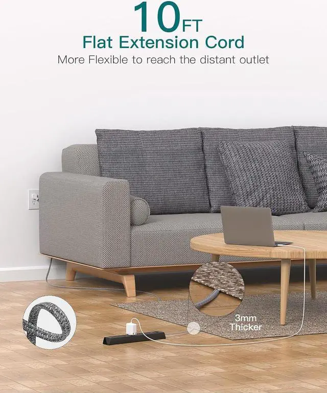 Alt view image 2 of 7 - Extension Cord with Multiple Outlets 10 Ft - Power Strips with Surge Protection, Flat Plug with 6 AC Outlets 4 USB (2 USB-C Ports), Wall Mount Outlet Extender for Home Office Dorm Room Essentials