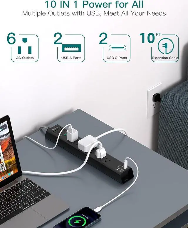 Alt view image 3 of 7 - Extension Cord with Multiple Outlets 10 Ft - Power Strips with Surge Protection, Flat Plug with 6 AC Outlets 4 USB (2 USB-C Ports), Wall Mount Outlet Extender for Home Office Dorm Room Essentials