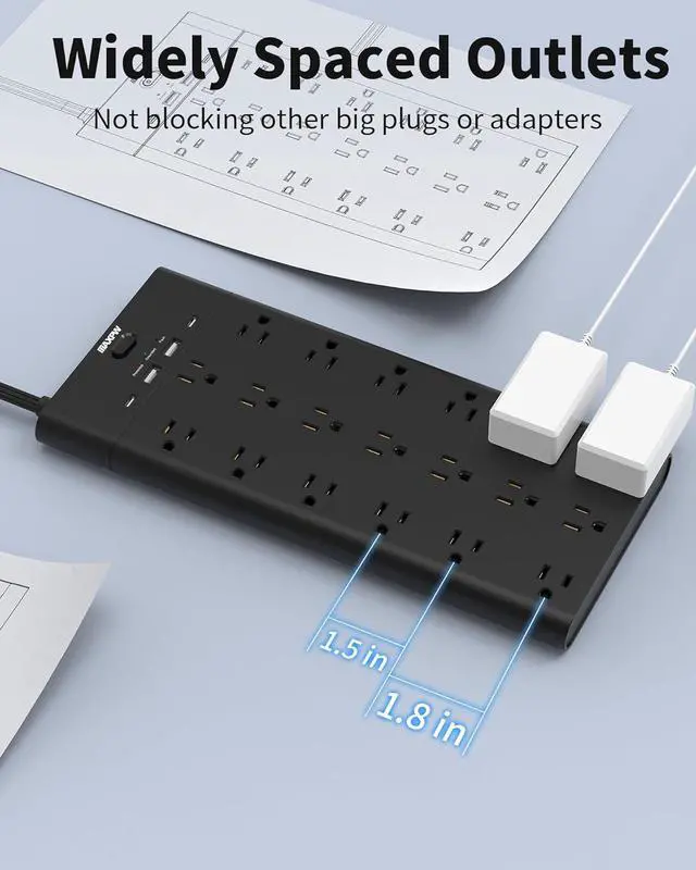 Alt view image 5 of 7 - Surge Protector Power Strip, Extension Cord with 19 Outlets and 4 USB Ports, 6.5 Ft Flat Plug Heavy Duty Outlet Extender, 1875W, 2100 Joules, Wall Mount for Home, Office, Gaming Room, Dorm, Black