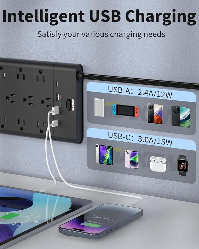 Alt view image 2 of 7 - Surge Protector Power Strip, Extension Cord with 19 Outlets and 4 USB Ports, 6.5 Ft Flat Plug Heavy Duty Outlet Extender, 1875W, 2100 Joules, Wall Mount for Home, Office, Gaming Room, Dorm, Black