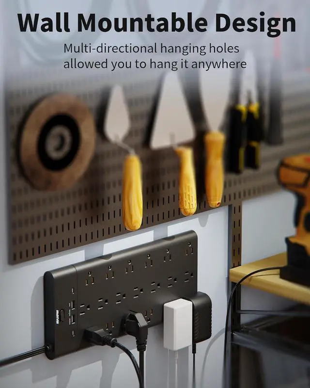 Alt view image 3 of 7 - Surge Protector Power Strip, Extension Cord with 19 Outlets and 4 USB Ports, 6.5 Ft Flat Plug Heavy Duty Outlet Extender, 1875W, 2100 Joules, Wall Mount for Home, Office, Gaming Room, Dorm, Black