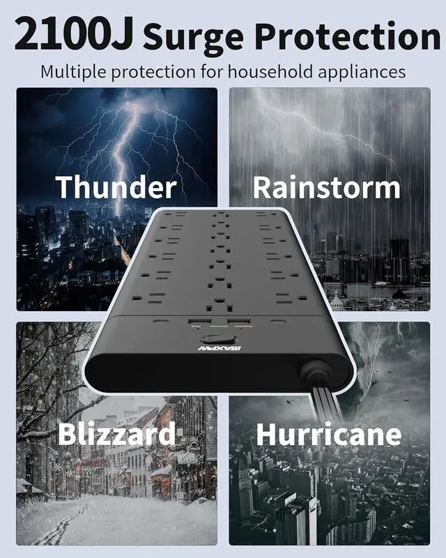 Alt view image 7 of 7 - Surge Protector Power Strip, Extension Cord with 19 Outlets and 4 USB Ports, 6.5 Ft Flat Plug Heavy Duty Outlet Extender, 1875W, 2100 Joules, Wall Mount for Home, Office, Gaming Room, Dorm, Black