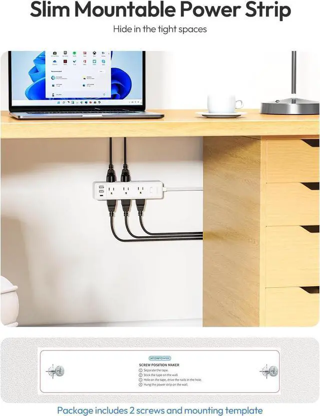 Alt view image 6 of 7 - Surge Protector Power Strip, Flat Extension Cord with 9 Widely Outlets 3 USB Ports(1 USB-C), 1080 Joules, 5 FT, Multiple Outlets, Wall Mount, Flat Plug for Indoor Home Office, Dorm Essentials, White