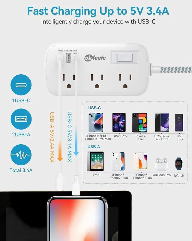 Alt view image 4 of 7 - Long Extension Cord 20 ft - Flat Plug Small Power Strip Surge Protetor with 6 Outlets 3 USB (5V/3.4A 17W) Charging Ports, Multi Plug Wall Outlet Splitter for Home Office Dorm Roomc, White