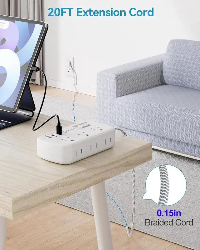 Alt view image 5 of 7 - Long Extension Cord 20 ft - Flat Plug Small Power Strip Surge Protetor with 6 Outlets 3 USB (5V/3.4A 17W) Charging Ports, Multi Plug Wall Outlet Splitter for Home Office Dorm Roomc, White