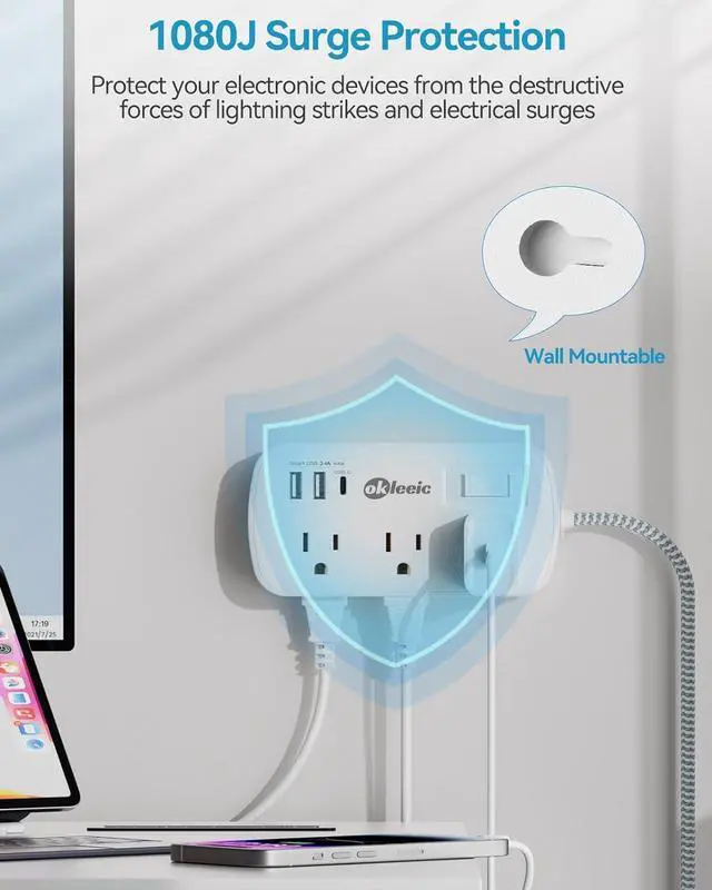 Alt view image 7 of 7 - Long Extension Cord 20 ft - Flat Plug Small Power Strip Surge Protetor with 6 Outlets 3 USB (5V/3.4A 17W) Charging Ports, Multi Plug Wall Outlet Splitter for Home Office Dorm Roomc, White
