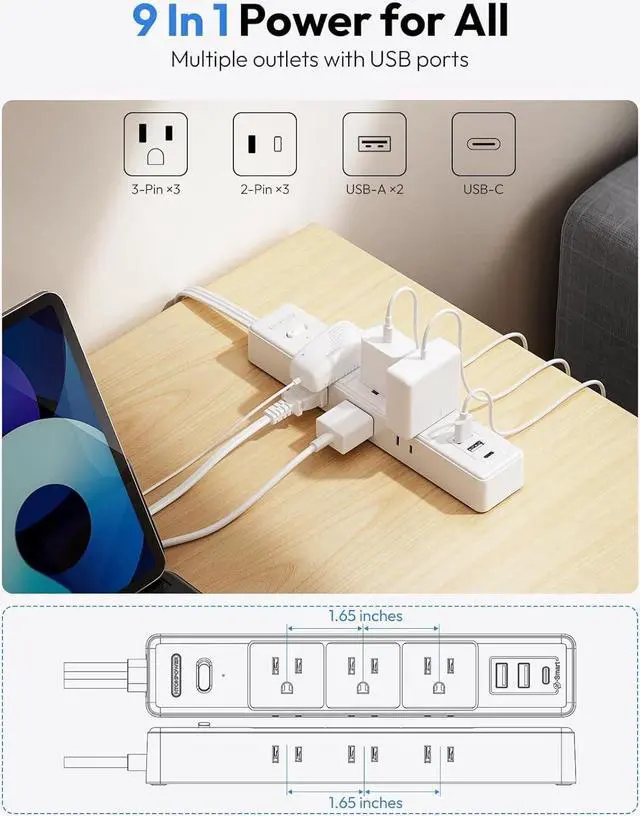 Alt view image 5 of 7 - NTONPOWER Flat Extension Cord 15 ft, 1080J Surge Protector with Long Cord, 1625W Overload Protection, 6 Widely Outlets and 3 USB Ports(1 USB C), Ultra Thin Flat Plug Extension Cord for Home, Dorm Room
