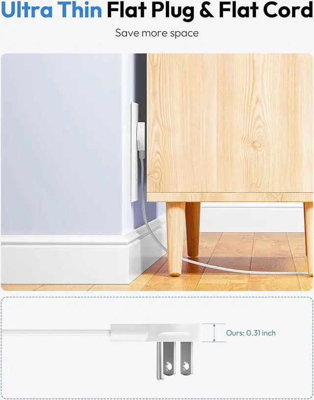 Alt view image 7 of 7 - NTONPOWER Flat Extension Cord 15 ft, 1080J Surge Protector with Long Cord, 1625W Overload Protection, 6 Widely Outlets and 3 USB Ports(1 USB C), Ultra Thin Flat Plug Extension Cord for Home, Dorm Room