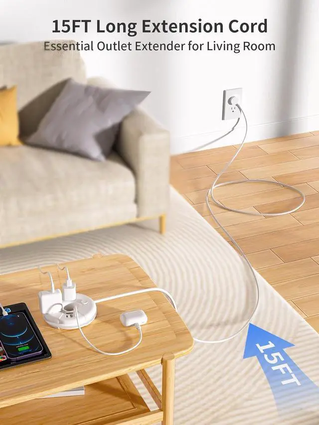 Alt view image 2 of 6 - i-Donut Extension Cord 15FT, NTONPOWER Long Extension Cord with 3 USB Ports(1 USB C), 3 Outlets, Flat Plug Extension Cord with Switch, Travel Power Strip for Home, Office, Dresser, Dorm Room, White