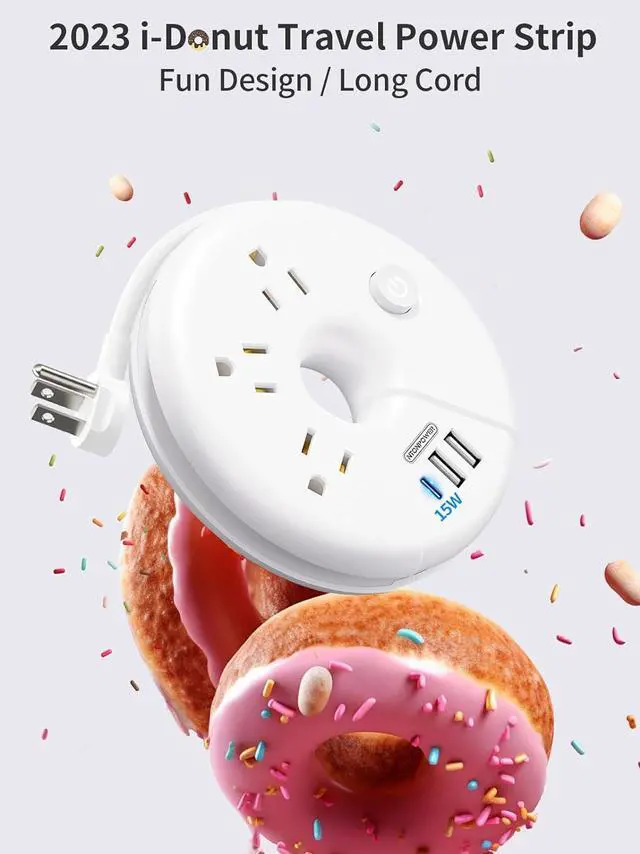 Alt view image 3 of 6 - i-Donut Extension Cord 15FT, NTONPOWER Long Extension Cord with 3 USB Ports(1 USB C), 3 Outlets, Flat Plug Extension Cord with Switch, Travel Power Strip for Home, Office, Dresser, Dorm Room, White