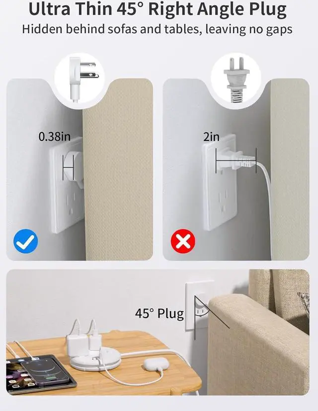 Alt view image 5 of 6 - i-Donut Extension Cord 15FT, NTONPOWER Long Extension Cord with 3 USB Ports(1 USB C), 3 Outlets, Flat Plug Extension Cord with Switch, Travel Power Strip for Home, Office, Dresser, Dorm Room, White