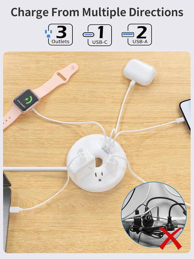 Alt view image 6 of 6 - i-Donut Extension Cord 15FT, NTONPOWER Long Extension Cord with 3 USB Ports(1 USB C), 3 Outlets, Flat Plug Extension Cord with Switch, Travel Power Strip for Home, Office, Dresser, Dorm Room, White