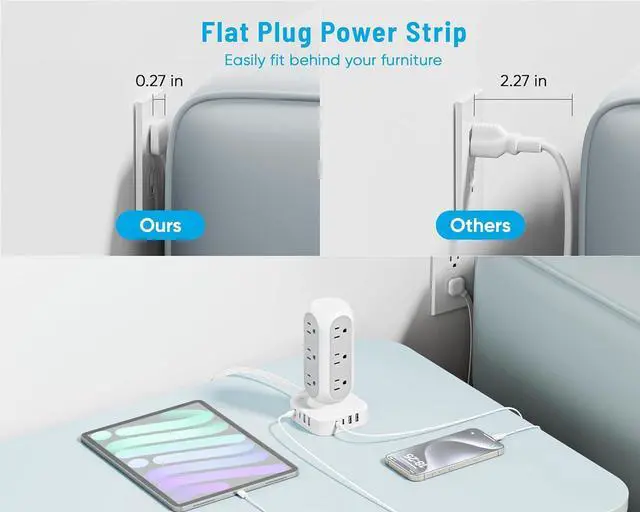 Alt view image 4 of 6 - 65W Fast Charging Station, Flat Plug Power Strip Tower with 12 AC Outlets & 8 USB Ports (2 PD USB-C Ports), 10FT Extension Cord, Compatible for MacBook Pro, iPhone Series.