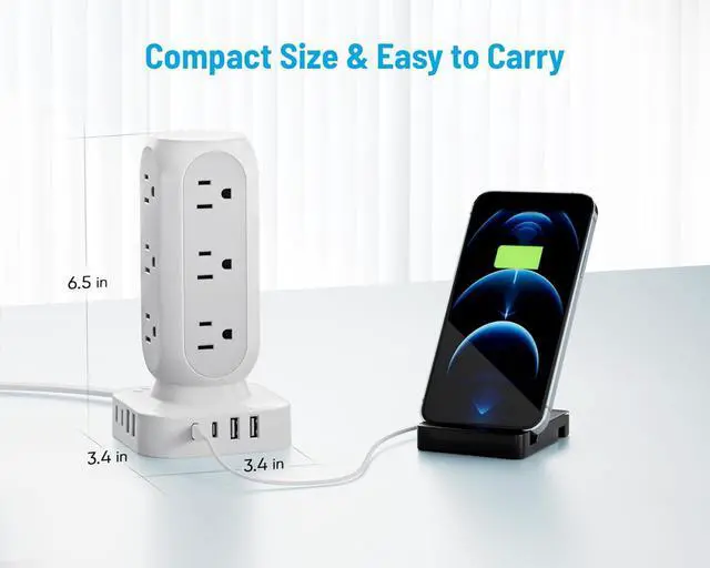 Alt view image 6 of 6 - 65W Fast Charging Station, Flat Plug Power Strip Tower with 12 AC Outlets & 8 USB Ports (2 PD USB-C Ports), 10FT Extension Cord, Compatible for MacBook Pro, iPhone Series.
