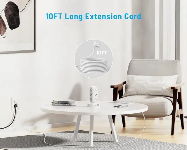 Alt view image 5 of 6 - 65W Fast Charging Station, Flat Plug Power Strip Tower with 12 AC Outlets & 8 USB Ports (2 PD USB-C Ports), 10FT Extension Cord, Compatible for MacBook Pro, iPhone Series.