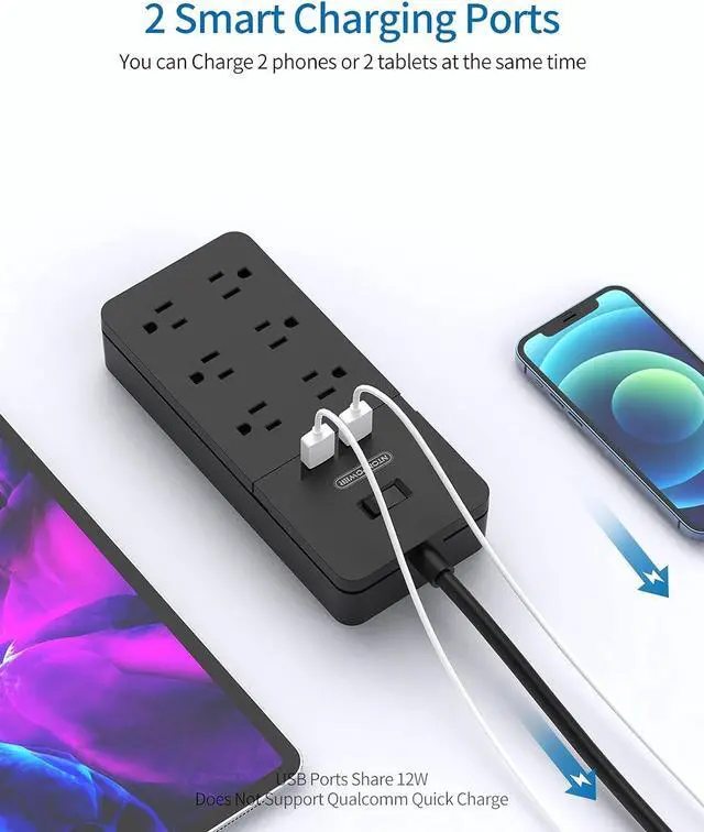Alt view image 3 of 7 - 2 Prong Surge Protector Power Strip with 10ft Extension Cord, NTONPOWER 2 Prong to 3 Prong Outlet Adapter with 6 Outlets 2 USB Ports, 2100J Surge Protector Wall Mount for Old House Non-Grounded Outlet