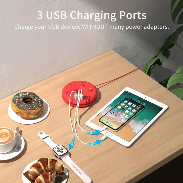 Alt view image 2 of 7 - Travel Power Strip with USB Ports, NTONPOWER 5 FT Travel Extension Cord with 3 Outlets 3 USB, Portable Compact Size Charging Station for Cruise Ship, Business Trip, Hotels, Home, Office, Desktop, Red