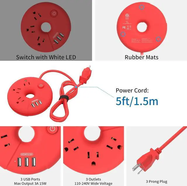 Alt view image 4 of 7 - Travel Power Strip with USB Ports, NTONPOWER 5 FT Travel Extension Cord with 3 Outlets 3 USB, Portable Compact Size Charging Station for Cruise Ship, Business Trip, Hotels, Home, Office, Desktop, Red