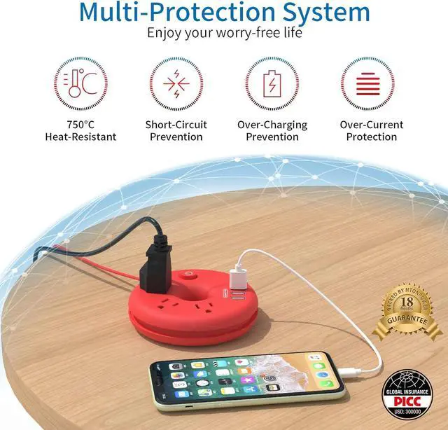 Alt view image 6 of 7 - Travel Power Strip with USB Ports, NTONPOWER 5 FT Travel Extension Cord with 3 Outlets 3 USB, Portable Compact Size Charging Station for Cruise Ship, Business Trip, Hotels, Home, Office, Desktop, Red