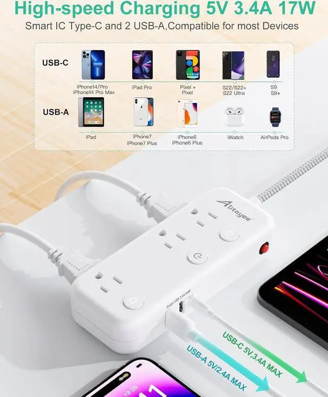 Alt view image 3 of 7 - Individual Switch Power Strip Surge Protector with 6 Outlets 3 USB(17W USB C), 5Ft Braided Cord Ultra Thin Flat Plug, 13A Wall Mount Extension Cord with Circuit Breaker for Travel Home Office Dorm