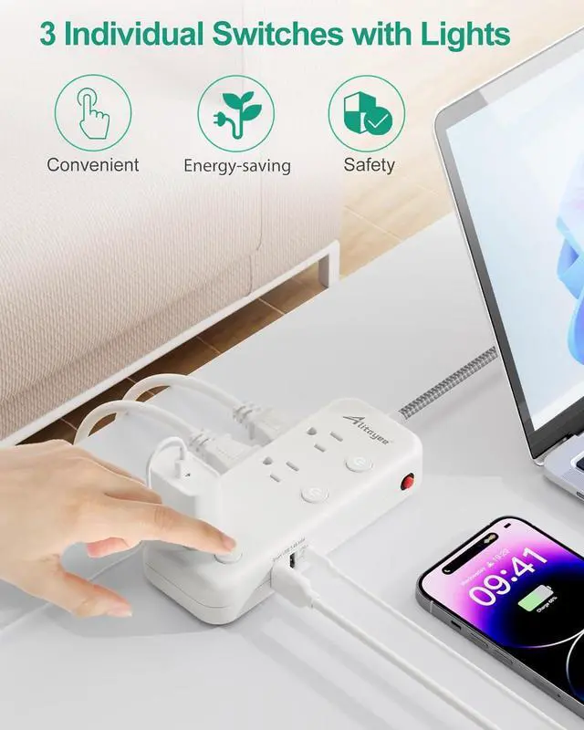 Alt view image 4 of 7 - Individual Switch Power Strip Surge Protector with 6 Outlets 3 USB(17W USB C), 5Ft Braided Cord Ultra Thin Flat Plug, 13A Wall Mount Extension Cord with Circuit Breaker for Travel Home Office Dorm