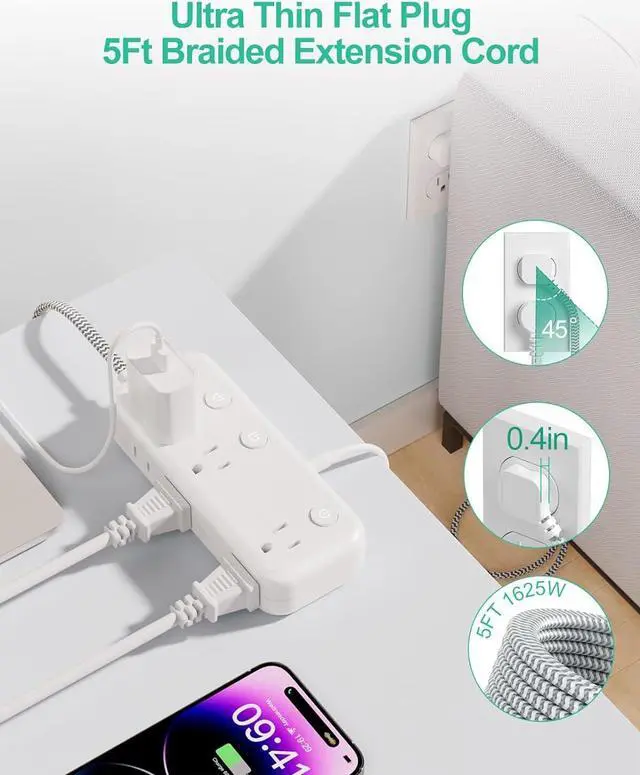 Alt view image 5 of 7 - Individual Switch Power Strip Surge Protector with 6 Outlets 3 USB(17W USB C), 5Ft Braided Cord Ultra Thin Flat Plug, 13A Wall Mount Extension Cord with Circuit Breaker for Travel Home Office Dorm