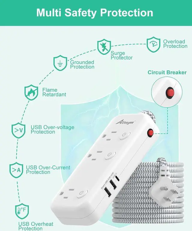 Alt view image 7 of 7 - Individual Switch Power Strip Surge Protector with 6 Outlets 3 USB(17W USB C), 5Ft Braided Cord Ultra Thin Flat Plug, 13A Wall Mount Extension Cord with Circuit Breaker for Travel Home Office Dorm