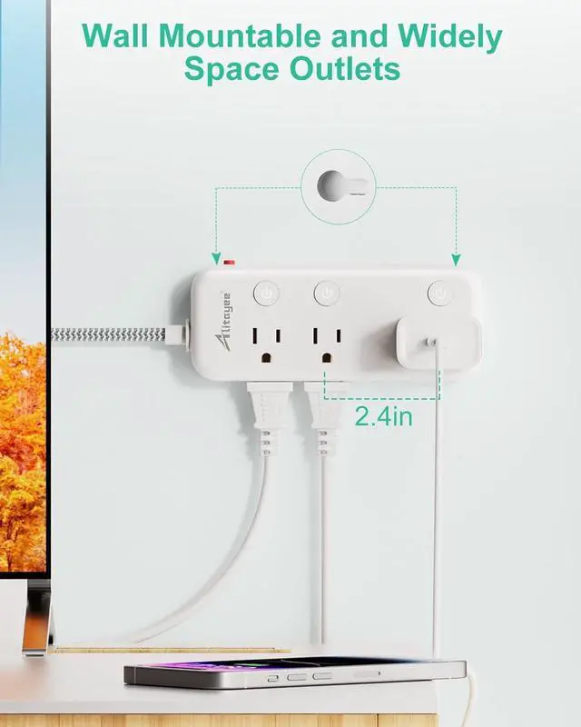 Alt view image 6 of 7 - Individual Switch Power Strip Surge Protector with 6 Outlets 3 USB(17W USB C), 5Ft Braided Cord Ultra Thin Flat Plug, 13A Wall Mount Extension Cord with Circuit Breaker for Travel Home Office Dorm