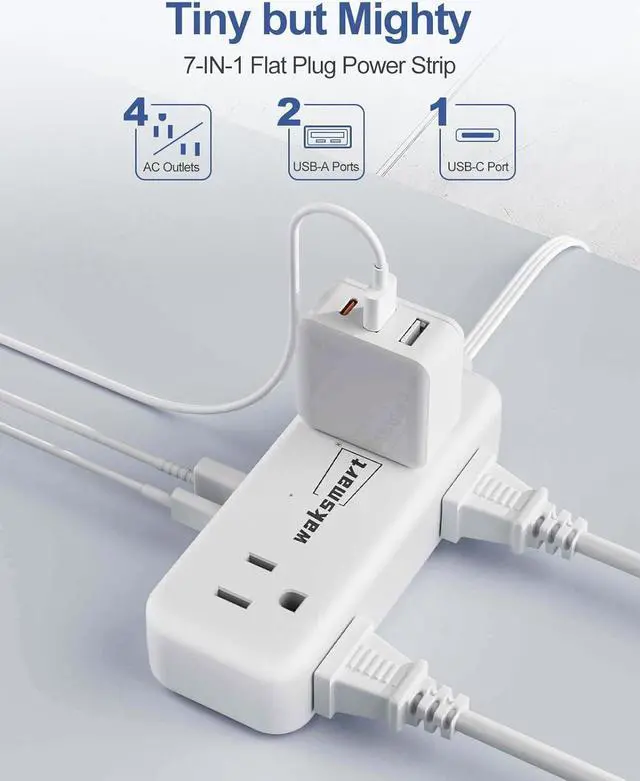 Alt view image 2 of 7 - Flat Extension Cord 6 Feet - 4 AC Outlets 3 USB Ports (5V/3.4A 17W), Flat Plug Power Strip Compact for College Dorm, Travel, Cruise, Home, Office