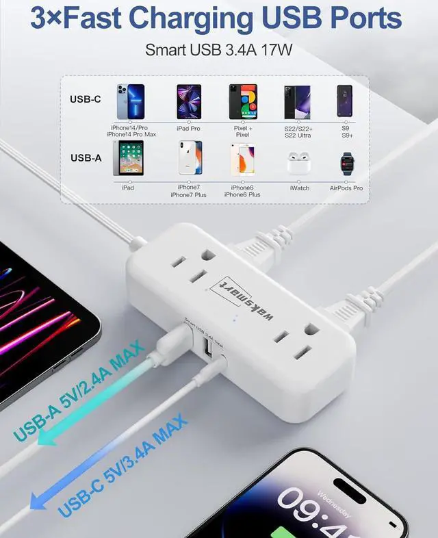 Alt view image 3 of 7 - Flat Extension Cord 6 Feet - 4 AC Outlets 3 USB Ports (5V/3.4A 17W), Flat Plug Power Strip Compact for College Dorm, Travel, Cruise, Home, Office