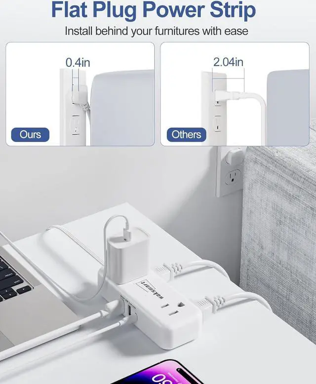 Alt view image 4 of 7 - Flat Extension Cord 6 Feet - 4 AC Outlets 3 USB Ports (5V/3.4A 17W), Flat Plug Power Strip Compact for College Dorm, Travel, Cruise, Home, Office