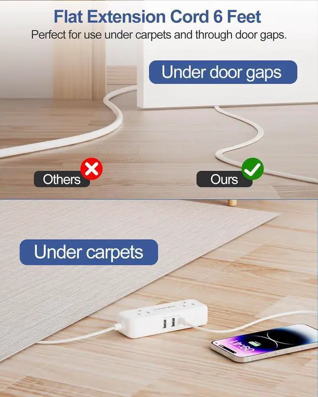 Alt view image 5 of 7 - Flat Extension Cord 6 Feet - 4 AC Outlets 3 USB Ports (5V/3.4A 17W), Flat Plug Power Strip Compact for College Dorm, Travel, Cruise, Home, Office