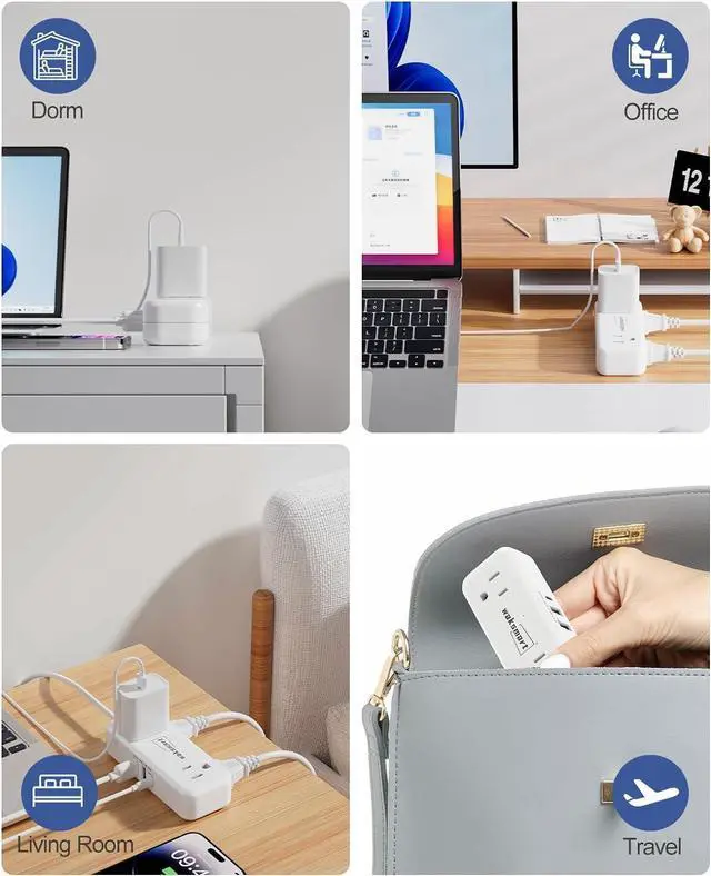 Alt view image 6 of 7 - Flat Extension Cord 6 Feet - 4 AC Outlets 3 USB Ports (5V/3.4A 17W), Flat Plug Power Strip Compact for College Dorm, Travel, Cruise, Home, Office