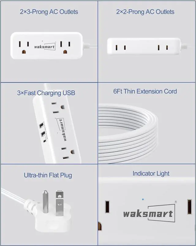 Alt view image 7 of 7 - Flat Extension Cord 6 Feet - 4 AC Outlets 3 USB Ports (5V/3.4A 17W), Flat Plug Power Strip Compact for College Dorm, Travel, Cruise, Home, Office