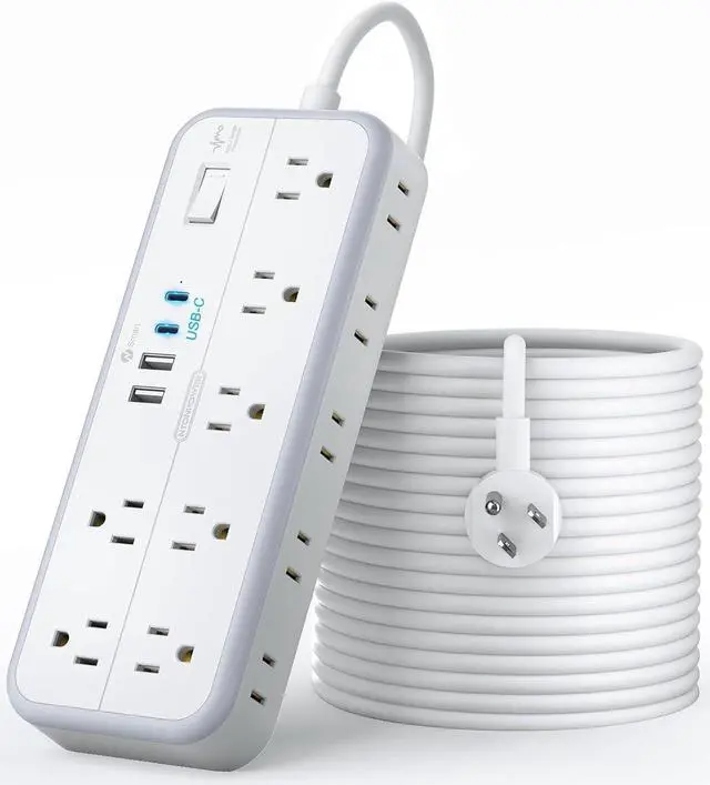 Main image of 25 FT Long Extension Cord with Multiple Outlets, NTONPOWER 14 Outlets and 4 USB Ports (2 USB C), 1875W 15A, 14 Gauge 3 Prong, 2700J Surge Protector Power Strip, Mountable for Home Office, White