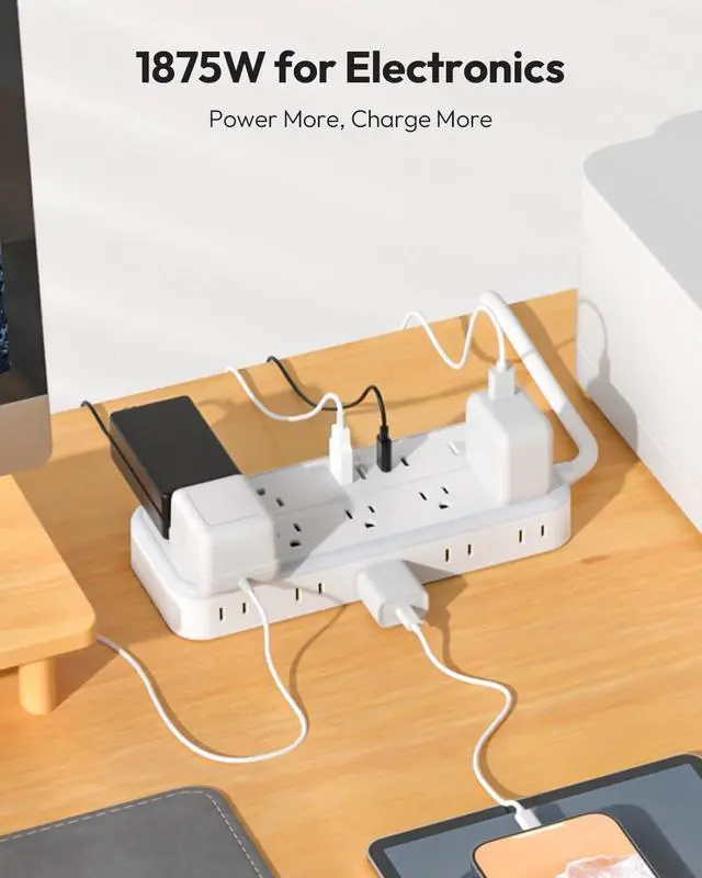 Alt view image 3 of 7 - 25 FT Long Extension Cord with Multiple Outlets, NTONPOWER 14 Outlets and 4 USB Ports (2 USB C), 1875W 15A, 14 Gauge 3 Prong, 2700J Surge Protector Power Strip, Mountable for Home Office, White