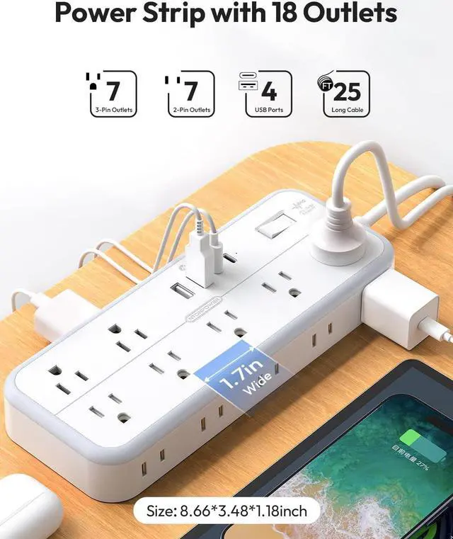 Alt view image 2 of 7 - 25 FT Long Extension Cord with Multiple Outlets, NTONPOWER 14 Outlets and 4 USB Ports (2 USB C), 1875W 15A, 14 Gauge 3 Prong, 2700J Surge Protector Power Strip, Mountable for Home Office, White