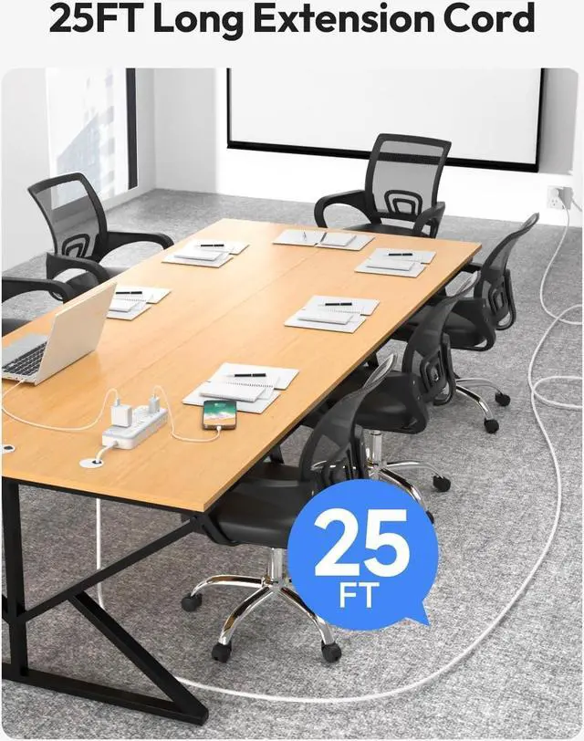 Alt view image 4 of 7 - 25 FT Long Extension Cord with Multiple Outlets, NTONPOWER 14 Outlets and 4 USB Ports (2 USB C), 1875W 15A, 14 Gauge 3 Prong, 2700J Surge Protector Power Strip, Mountable for Home Office, White