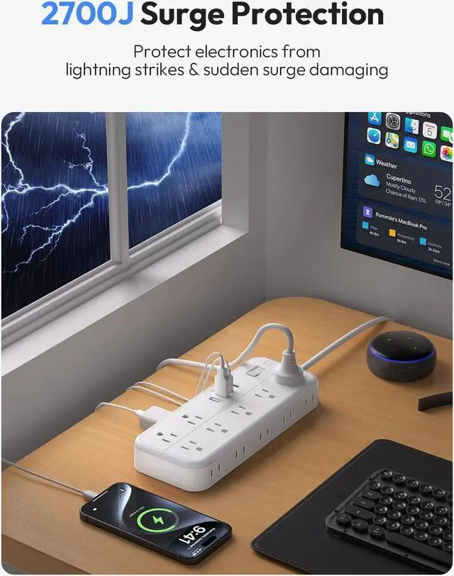 Alt view image 5 of 7 - 25 FT Long Extension Cord with Multiple Outlets, NTONPOWER 14 Outlets and 4 USB Ports (2 USB C), 1875W 15A, 14 Gauge 3 Prong, 2700J Surge Protector Power Strip, Mountable for Home Office, White