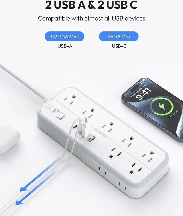Alt view image 6 of 7 - 25 FT Long Extension Cord with Multiple Outlets, NTONPOWER 14 Outlets and 4 USB Ports (2 USB C), 1875W 15A, 14 Gauge 3 Prong, 2700J Surge Protector Power Strip, Mountable for Home Office, White