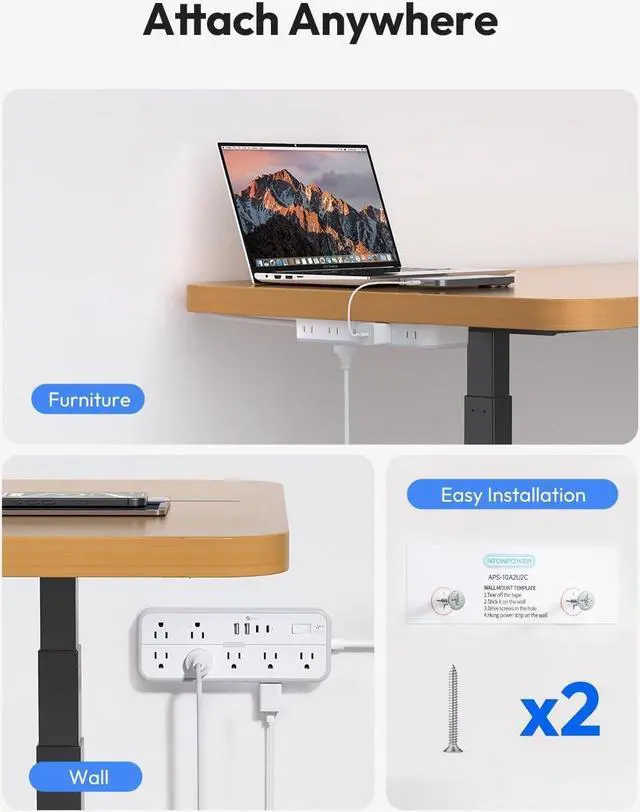 Alt view image 7 of 7 - 25 FT Long Extension Cord with Multiple Outlets, NTONPOWER 14 Outlets and 4 USB Ports (2 USB C), 1875W 15A, 14 Gauge 3 Prong, 2700J Surge Protector Power Strip, Mountable for Home Office, White