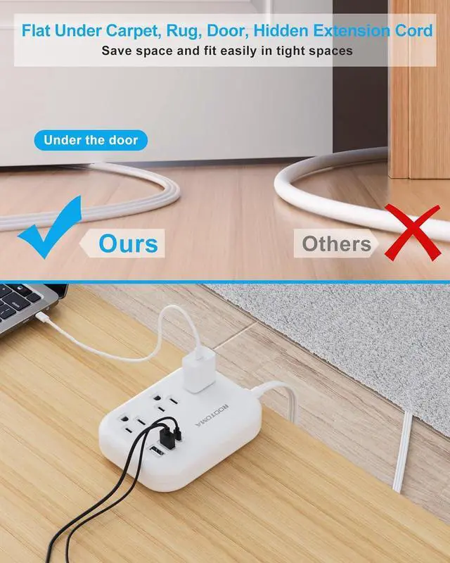 Alt view image 2 of 7 - Flat Extension Cord 5 FT Behind Furniture-Ultra Slim Cord Under Carpet, Rug, Door, Long Extension Cord with 3 USB 3 Outlets, Low Profile Power Strip for Travel Office Indoor, 1080 Joules Protected